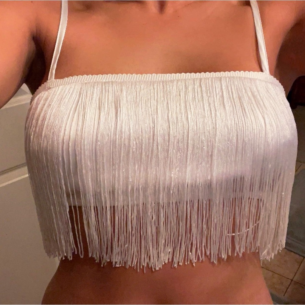 12th Tribe Gatsby White Fringe Crop Top